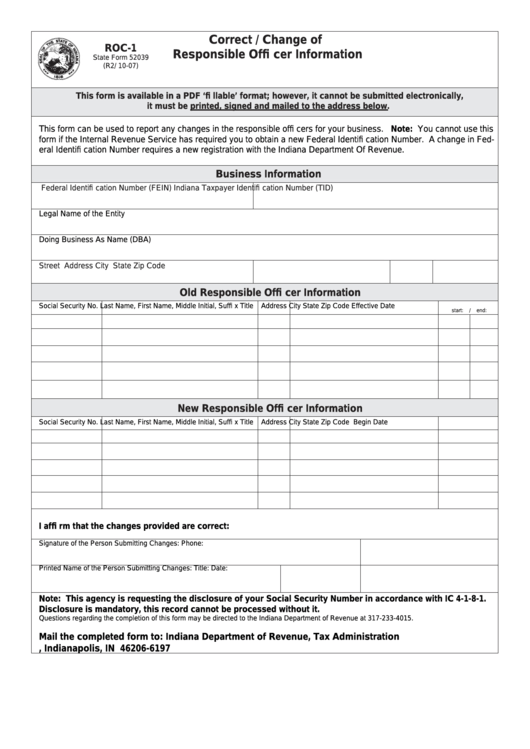Fillable Form Roc-1 - Correct / Change Of Responsible Officer Information Printable pdf