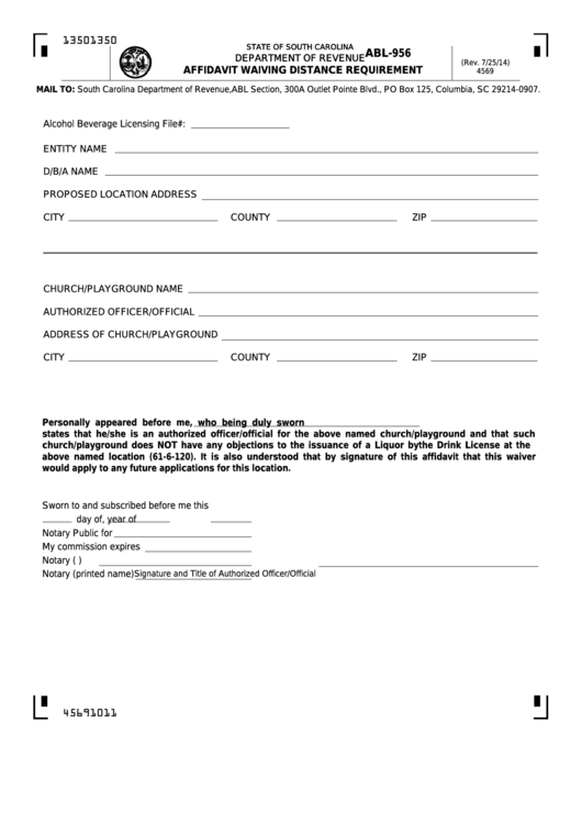 Form Abl-956 - Affidavit Waiving Distance Requirement Printable pdf