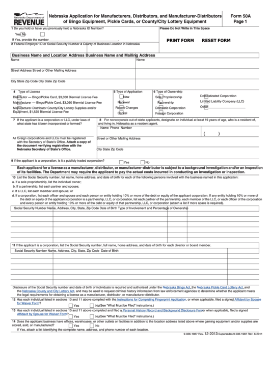 Fillable Form 50a - Nebraska Application For Manufacturers, Distributors, And Manufacturer-Distributors Of Bingo Equipment, Pickle Cards, Or County/city Lottery Equipment Printable pdf