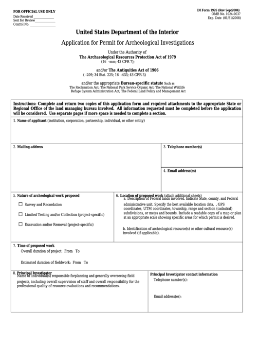 Fillable Di Form 1926 - Application For Permit For Archeological Investigations Printable pdf