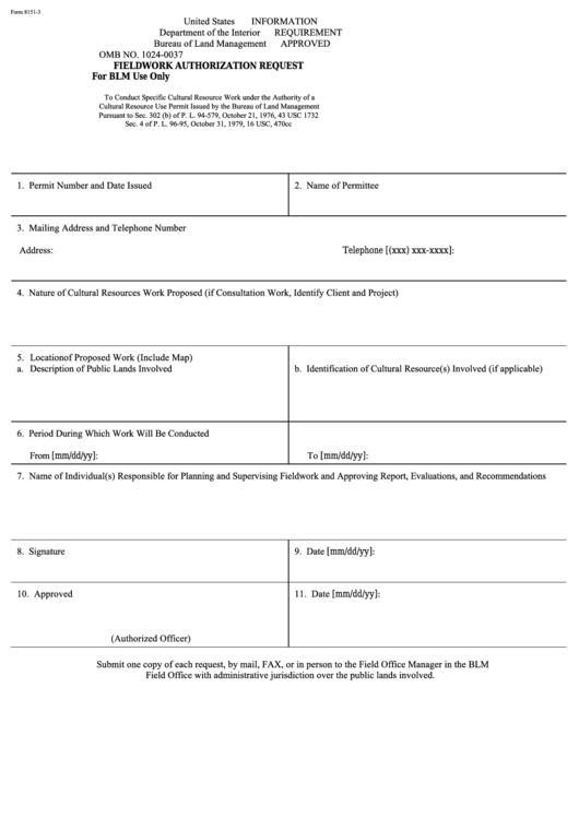 Fillable Form 8151-3 - Fieldwork Authorization Request Printable pdf