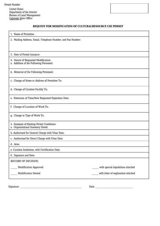 Fillable Form Co-8151-6 - Request For Modification Of Cultural Resource Use Permit Printable pdf