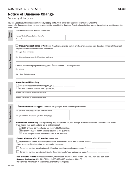 Fillable Form St-30 - Notice Of Business Change Printable pdf