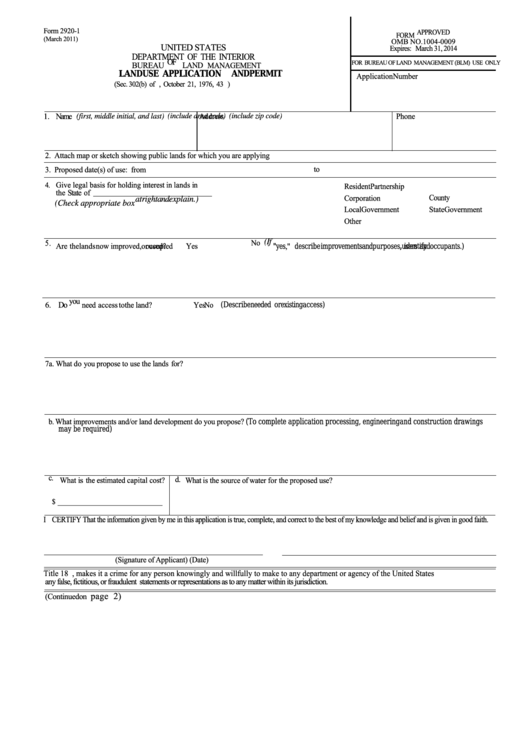 Fillable Form 2920-1 - Land Use Application And Permit Printable pdf