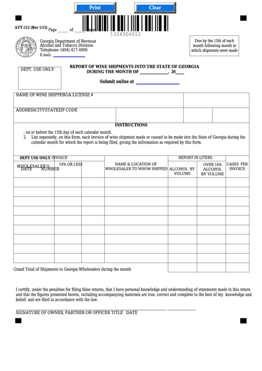 Fillable Form Att-112 - Report Of Wine Shipments Into The State Of Georgia Printable pdf
