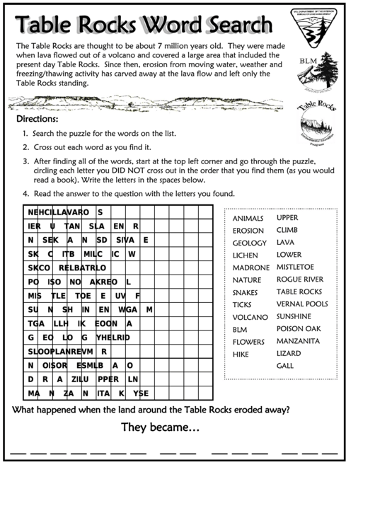 Fillable Table Rocks Word Search Puzzle Template With Answers Printable pdf