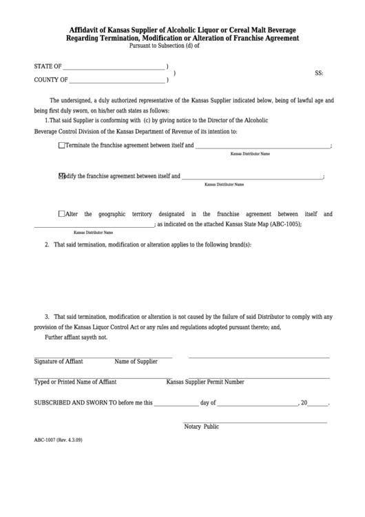 Form Abc-1007 - Affidavit Of Kansas Supplier Of Alcoholic Liquor Or Cereal Malt Beverage Regarding Termination, Modification Or Alteration Of Franchise Agreement Printable pdf