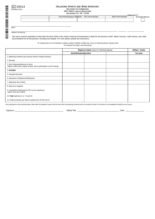 Fillable Form Alc 50013 - Oklahoma Spirits And Wine Inventory Printable pdf