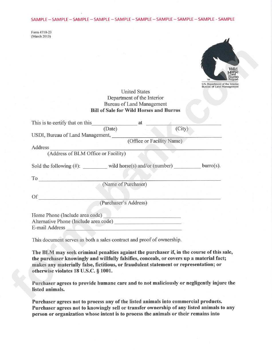 Form 4710-23 - Bill Of Sale For Wild Horses And Burros