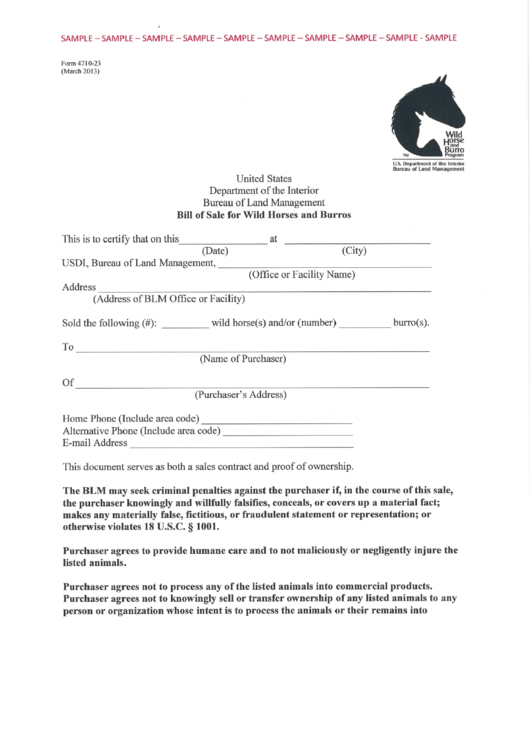 Form 4710-23 - Bill Of Sale For Wild Horses And Burros Printable pdf