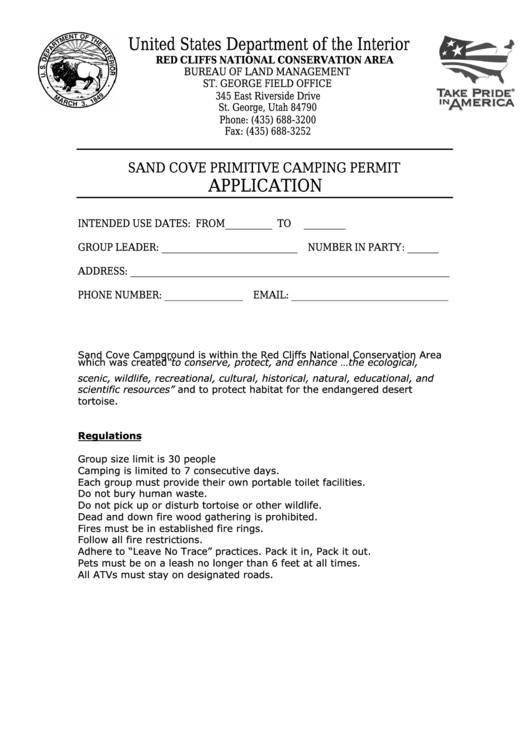 Fillable Sand Cove Primitive Camping Permit Application - United States Department Of The Interior Printable pdf