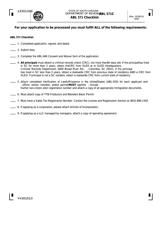 Form Abl 571c - Abl 571 Checklist Printable pdf