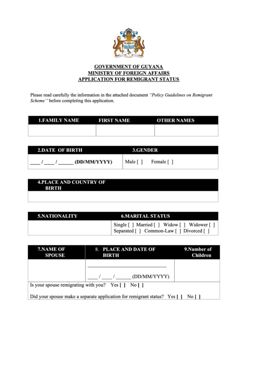 Application For Remigrant Status - Guyana Ministry Of Foreign Affairs Printable pdf