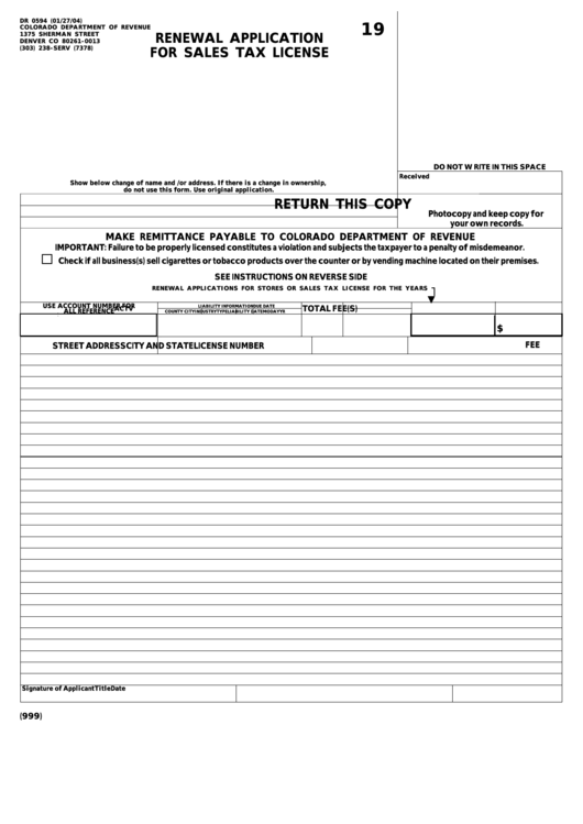 Form Dr 0594 - Renewal Application For Sales Tax License Printable pdf