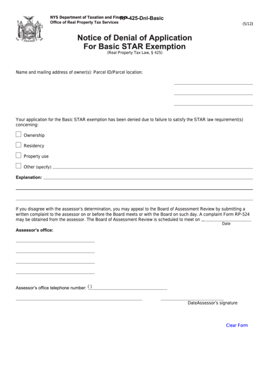 Fillable Form Rp-425-Dnl-Basic - Notice Of Denial Of Application For Basic Star Exemption Printable pdf