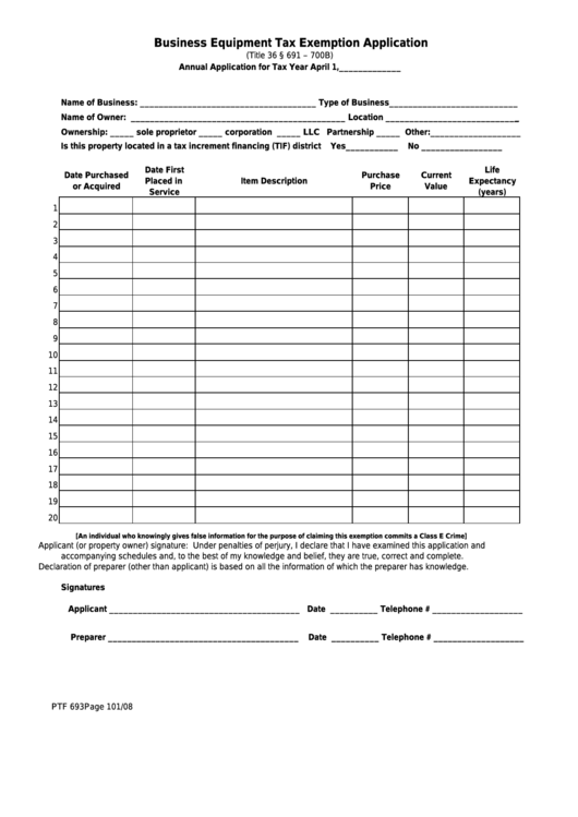 Form Ptf 693 - Business Equipment Tax Exemption Application Printable pdf