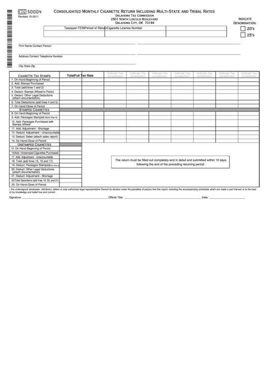 Fillable Form Cig 50004 - Consolidated Monthly Cigarette Return Including Multi-State And Tribal Rates Printable pdf