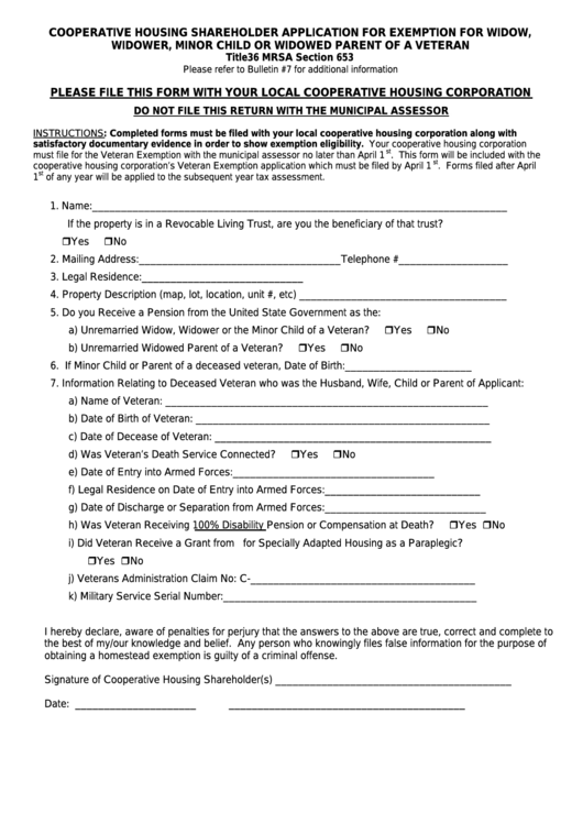 Fillable Form Ptf 653-2b - Cooperative Housing Shareholder Application For Exemption For Widow, Widower, Minor Child Or Widowed Parent Of A Veteran Printable pdf