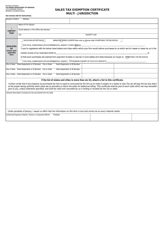Form Dr 0563 - Sales Tax Exemption Certificate Multi-Jurisdiction Printable pdf
