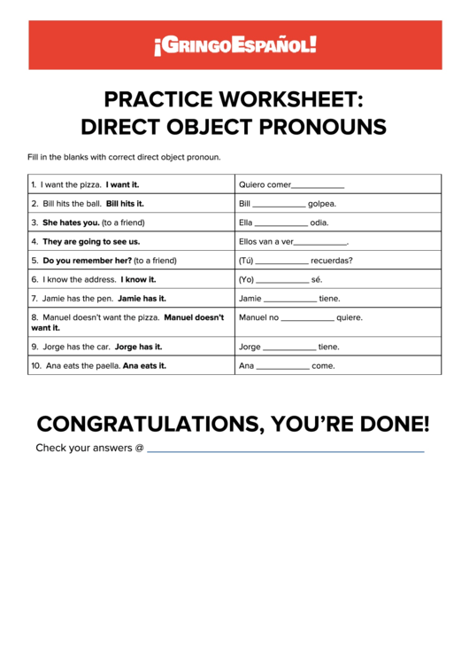 Practice Worksheet: Direct Object Pronouns Printable pdf