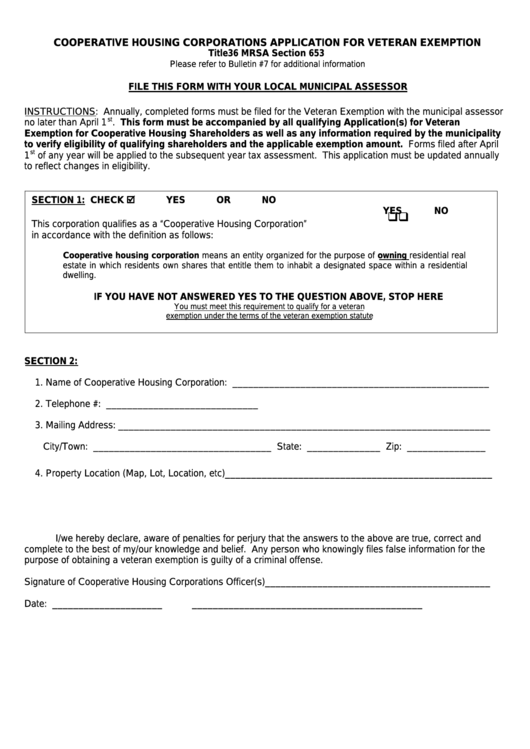 Form Ptf 653-2c - Cooperative Housing Corporations Application For Veteran Exemption Printable pdf