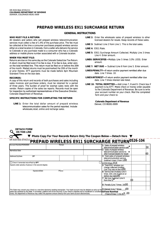 Fillable Form Dr 0526 Web - Prepaid Wireless E911 Surcharge Return Printable pdf