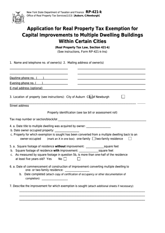 Fillable Form Rp-421-K - Application For Real Property Tax Exemption For Capital Improvements To Multiple Dwelling Buildings Within Certain Cities Printable pdf