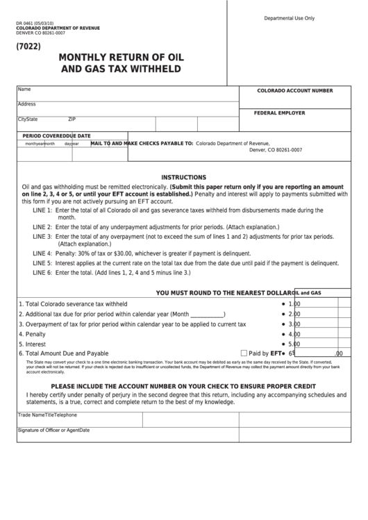 Fillable Form Dr 0461 - Monthly Return Of Oil And Gas Tax Withheld Printable pdf