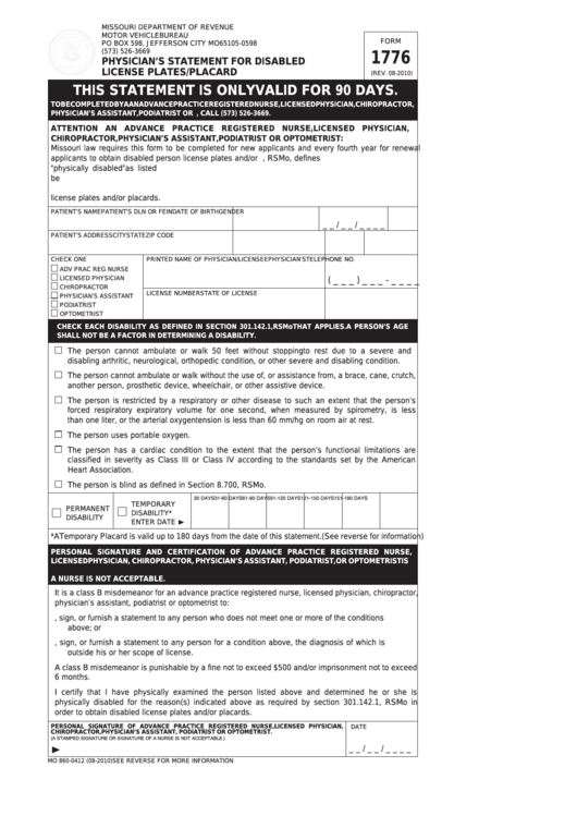 Fillable Form 1776 Physician S Statement For Disabled License Plates 