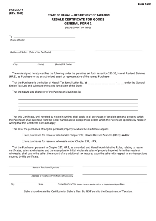 Fillable Form G-17 - Resale Certificate For Goods General Form 1 Printable pdf