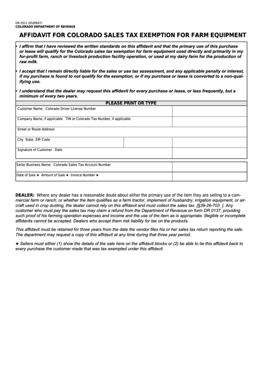 Form Dr 0511 - Affidavit For Colorado Sales Tax Exemption For Farm Equipment Printable pdf