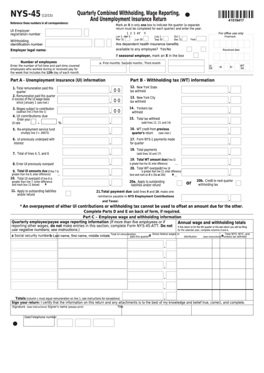 Fillable Form Nys-45 - Quarterly Combined Withholding, Wage Reporting, And Unemployment Insurance Return Printable pdf