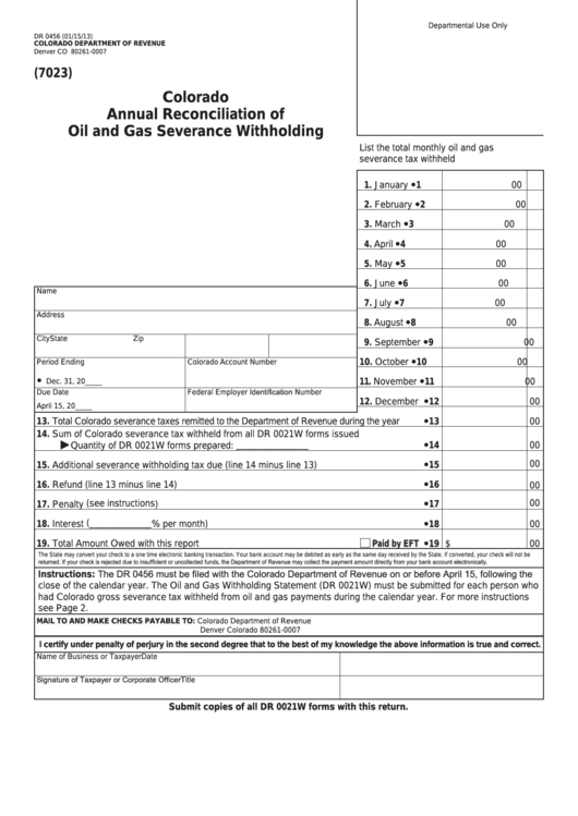 Fillable Form Dr 0456 - Colorado Annual Reconciliation Of Oil And Gas Severance Withholding Printable pdf