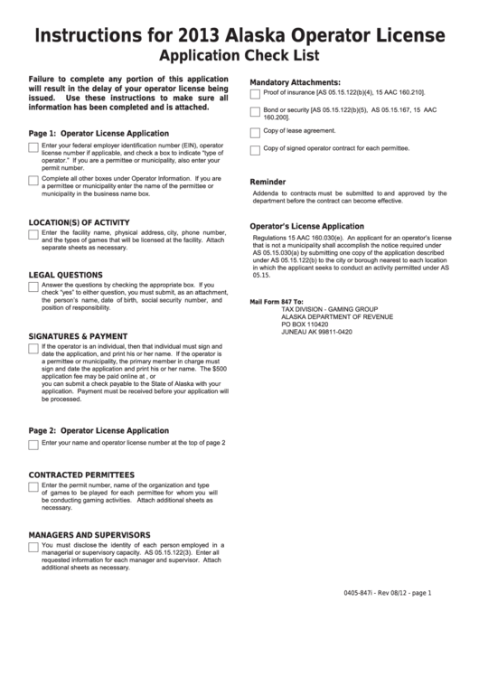 Instructions For 2013 Alaska Operator License Application Check List Printable pdf