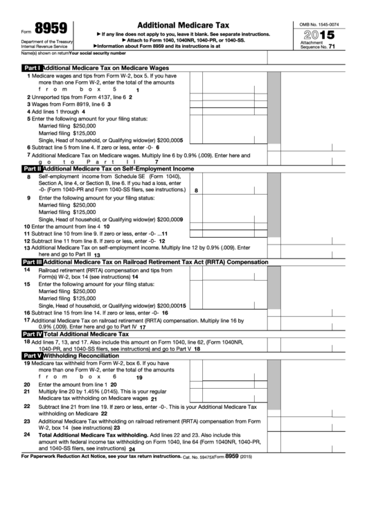 Fillable Form 8959 - Additional Medicare Tax - 2015 Printable pdf