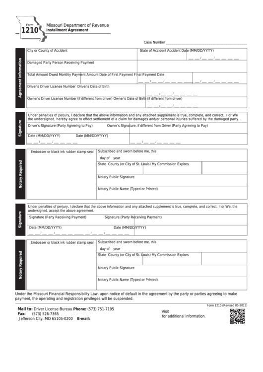 Fillable Form 1210 - Installment Agreement Printable pdf