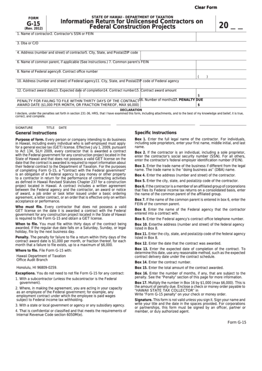 Fillable Form G-15 - Information Return For Unlicensed Contractors On Federal Construction Projects Printable pdf