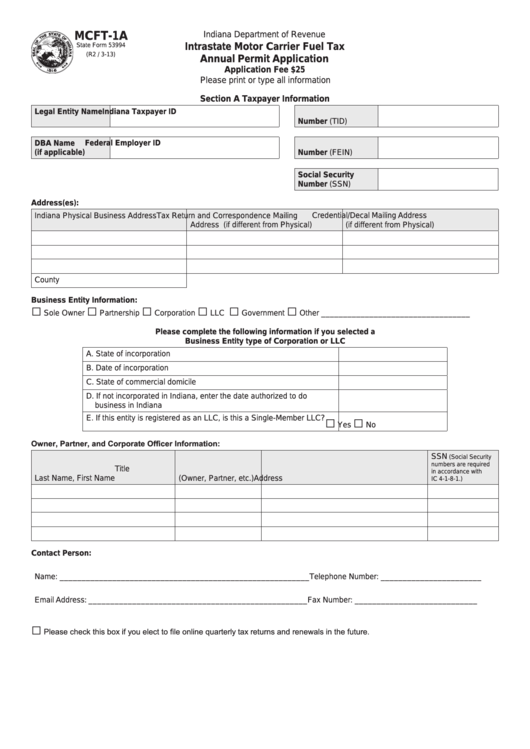 Fillable Form Mcft-1a - Intrastate Motor Carrier Fuel Tax Annual Permit Application Printable pdf