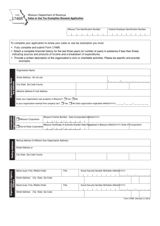 Fillable Form 1746r - Sales Or Use Tax Exemption Renewal Application Printable pdf
