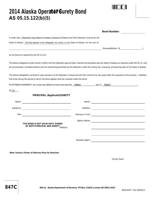 Fillable Form 847c - Alaska Operator Surety Bond - 2014 Printable pdf