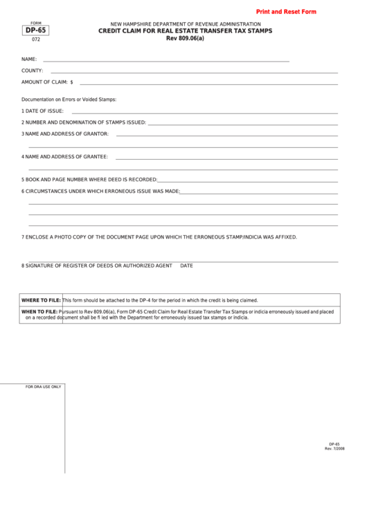 Fillable Form Dp-65 - Credit Claim For Real Estate Transfer Tax Stamps Printable pdf