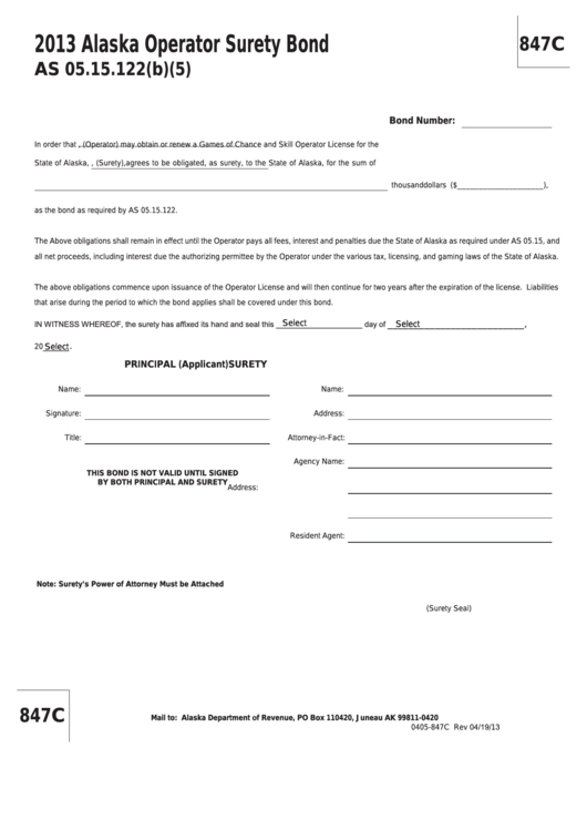 Fillable Form 847c - Alaska Operator Surety Bond - 2013 Printable pdf