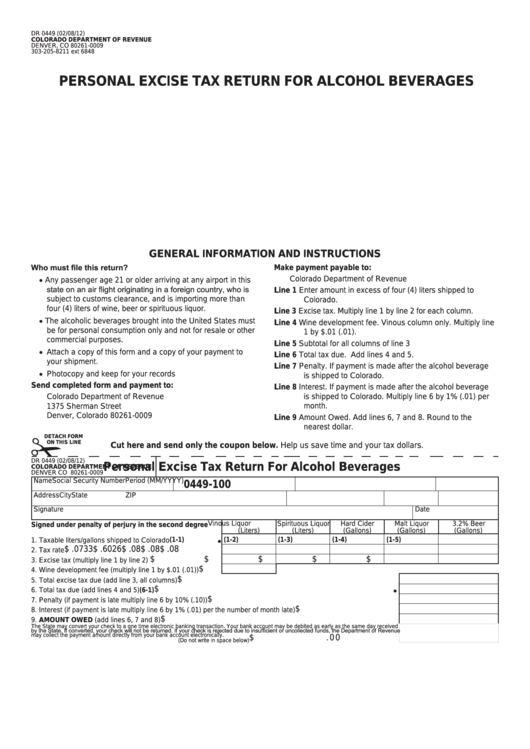 Fillable Form Dr 0449 - Personal Excise Tax Return For Alcohol Beverages Printable pdf