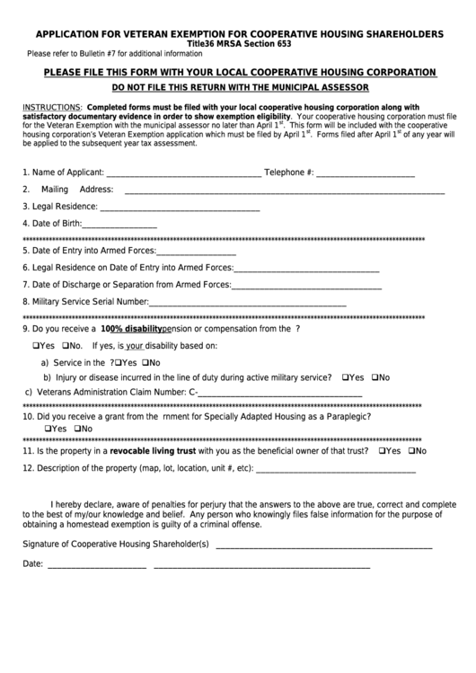 Form Ptf 653-2a - Application For Veteran Exemption For Cooperative Housing Shareholders Printable pdf