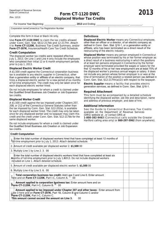 Form Ct-1120 Dwc - Displaced Worker Tax Credits - 2013 Printable pdf