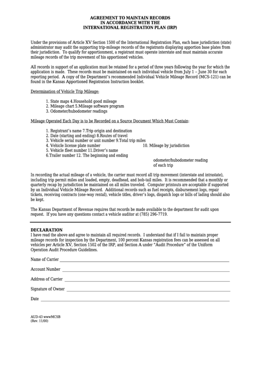Form Aud-43 - Agreement To Maintain Records In Accordance With The International Registration Plan (Irp) Printable pdf