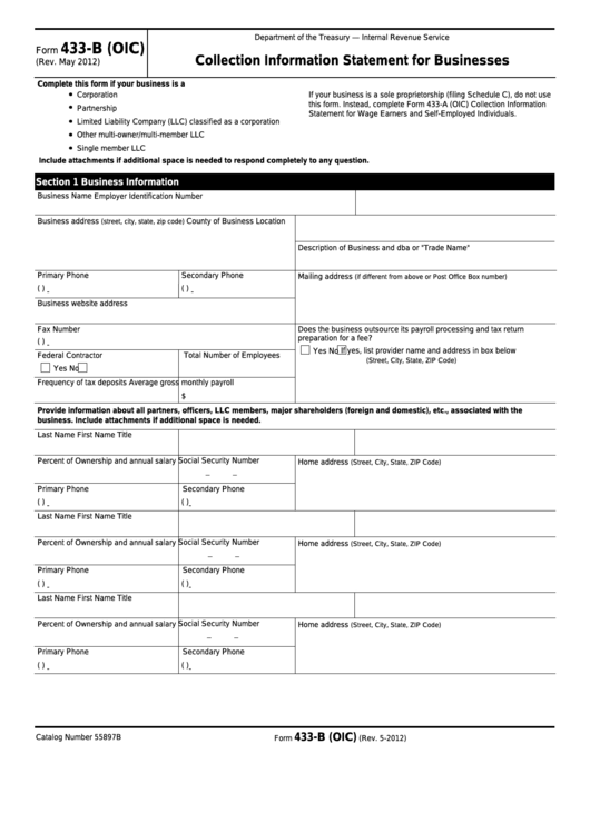 Fillable Form 433-B (Oic) - Collection Information Statement For Businesses Printable pdf
