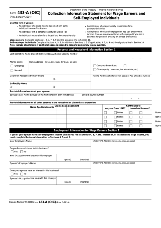 Fillable Form 433-A (Oic) - Collection Information Statement For Wage Earners And Self-Employed Individuals Printable pdf
