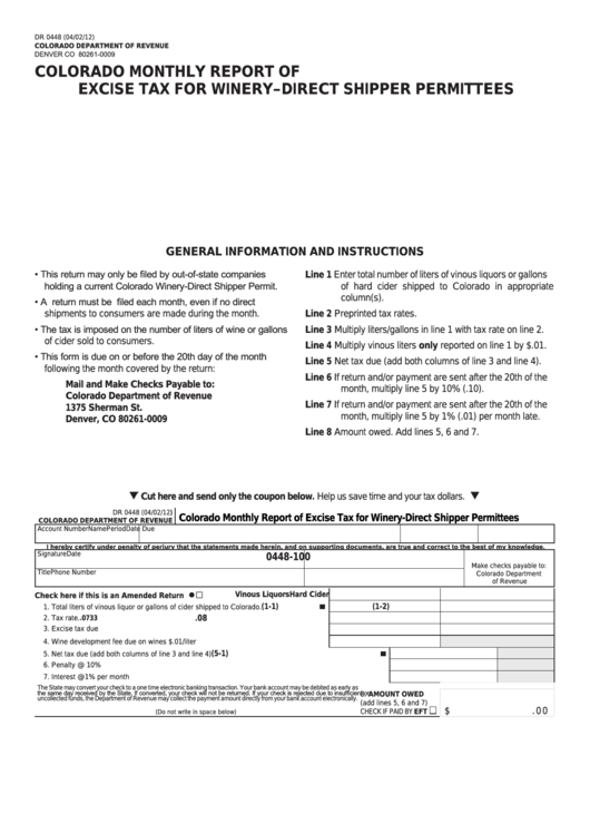 Fillable Form Dr 0448 - Colorado Monthly Report Of Excise Tax For Winery-Direct Shipper Permittees Printable pdf