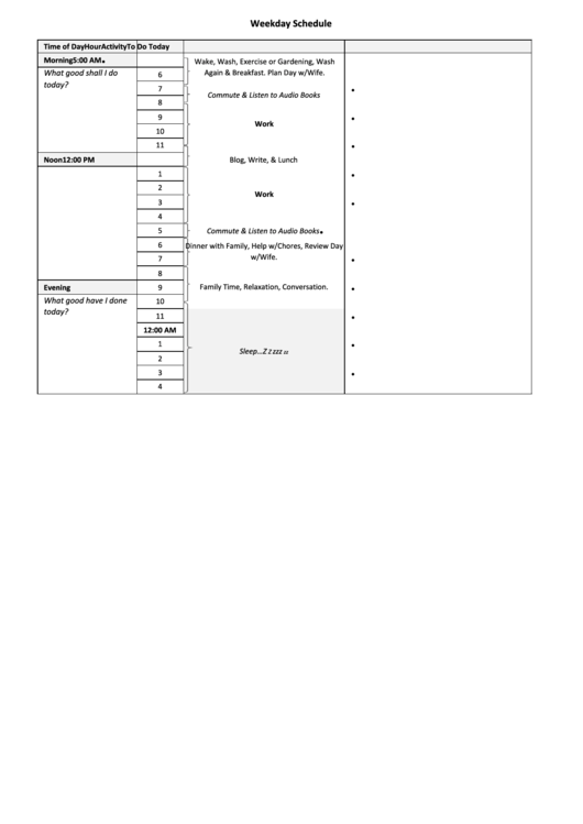 Weekday Schedule With Activity Task Printable pdf